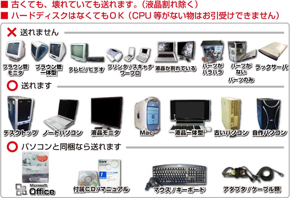 不要パソコン回収、引取出来ない物・出来るもの